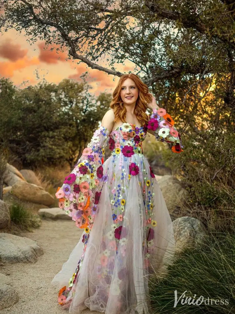 Whimsical Floral Tulle Wedding Dress with Puffy Sleeves and Sweetheart Neckline FW164-wedding dresses 2025 -Viniodress-Champagne-Custom Size-