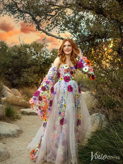 Whimsical Floral Tulle Wedding Dress with Puffy Sleeves and Sweetheart Neckline FW164-wedding dresses 2025 -Viniodress-Champagne-Custom Size-