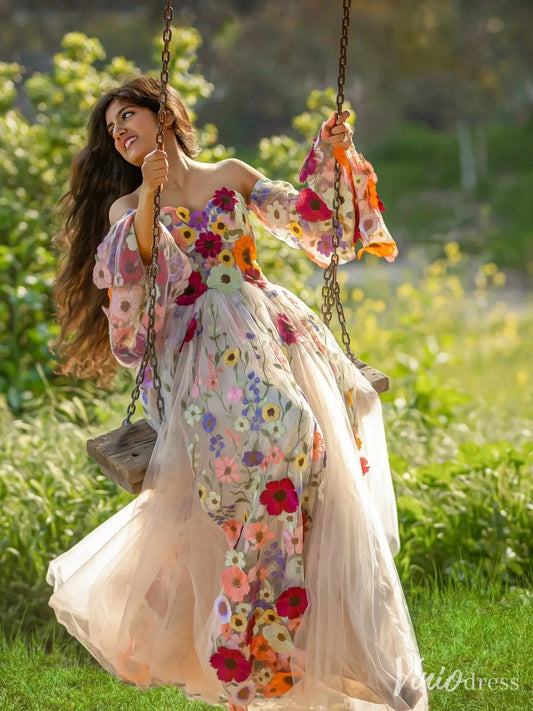 Whimsical Floral Tulle Wedding Dress with Puffy Sleeves and Sweetheart Neckline FW164-wedding dresses 2025 -Viniodress-Champagne-Custom Size-