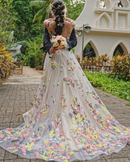 Whimsical Floral Wedding Dress for Older Bride | Yellow & Pink Embroidery Gown with Cap Sleeves FW135-wedding dresses 2025 -Viniodress-Champagne-Custom Size-