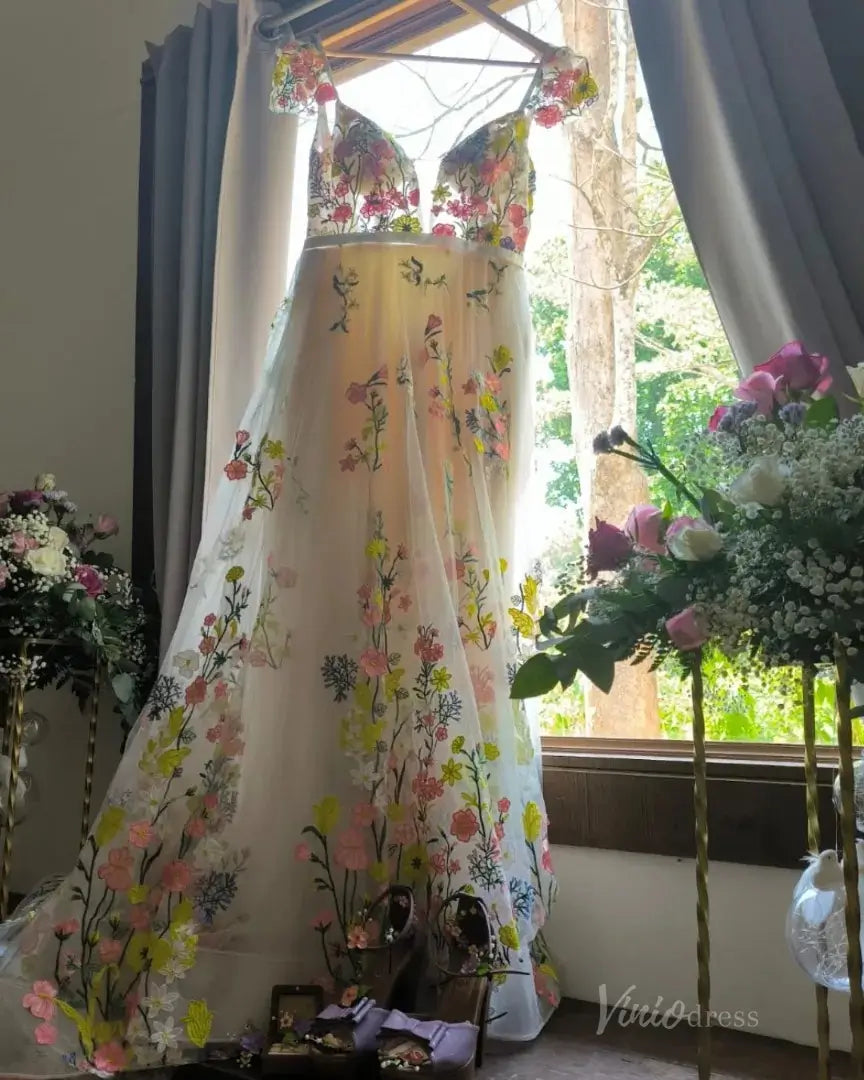 Whimsical Floral Wedding Dress for Older Bride | Yellow & Pink Embroidery Gown with Cap Sleeves FW135-wedding dresses 2025 -Viniodress-Champagne-Custom Size-