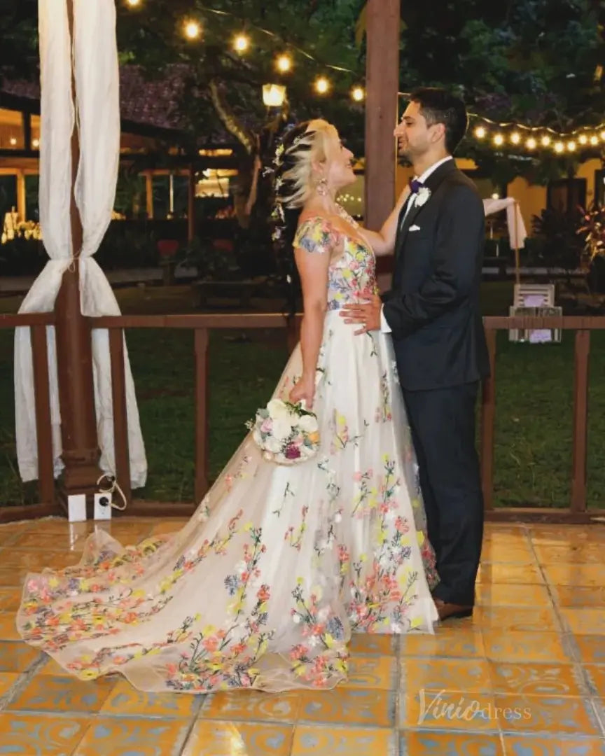 Whimsical Floral Wedding Dress for Older Bride | Yellow & Pink Embroidery Gown with Cap Sleeves FW135-wedding dresses 2025 -Viniodress-Champagne-Custom Size-