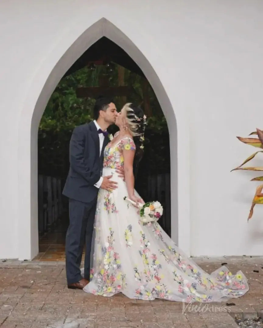 Whimsical Floral Wedding Dress for Older Bride | Yellow & Pink Embroidery Gown with Cap Sleeves FW135-wedding dresses 2025 -Viniodress-Champagne-Custom Size-