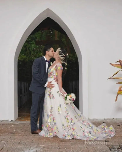 Whimsical Floral Wedding Dress for Older Bride | Yellow & Pink Embroidery Gown with Cap Sleeves FW135-wedding dresses 2025 -Viniodress-Champagne-Custom Size-