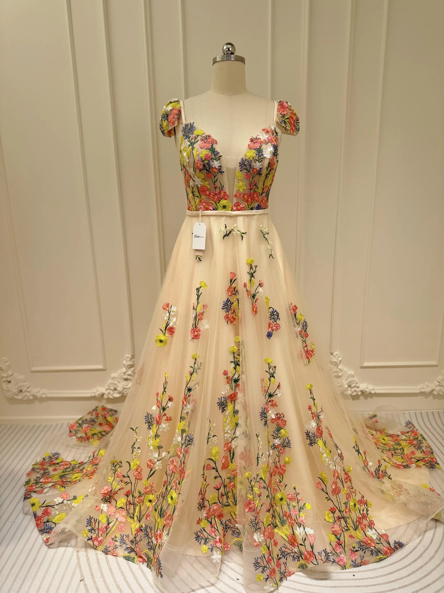 Whimsical Floral Wedding Dress for Older Bride | Yellow & Pink Embroidery Gown with Cap Sleeves FW135-wedding dresses 2025 -Viniodress-Champagne-Custom Size-