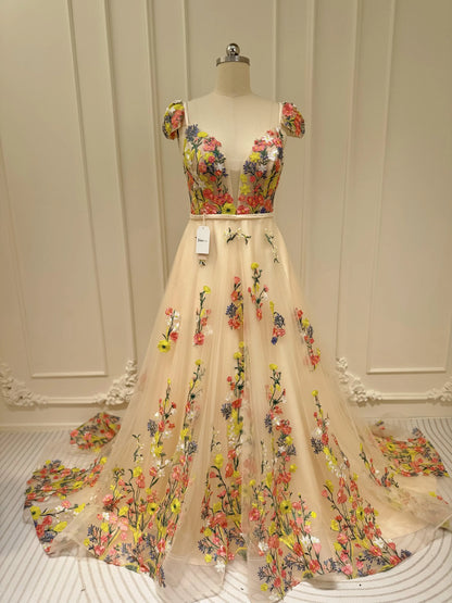 Whimsical Floral Wedding Dress for Older Bride | Yellow & Pink Embroidery Gown with Cap Sleeves FW135-wedding dresses 2025 -Viniodress-Champagne-Custom Size-