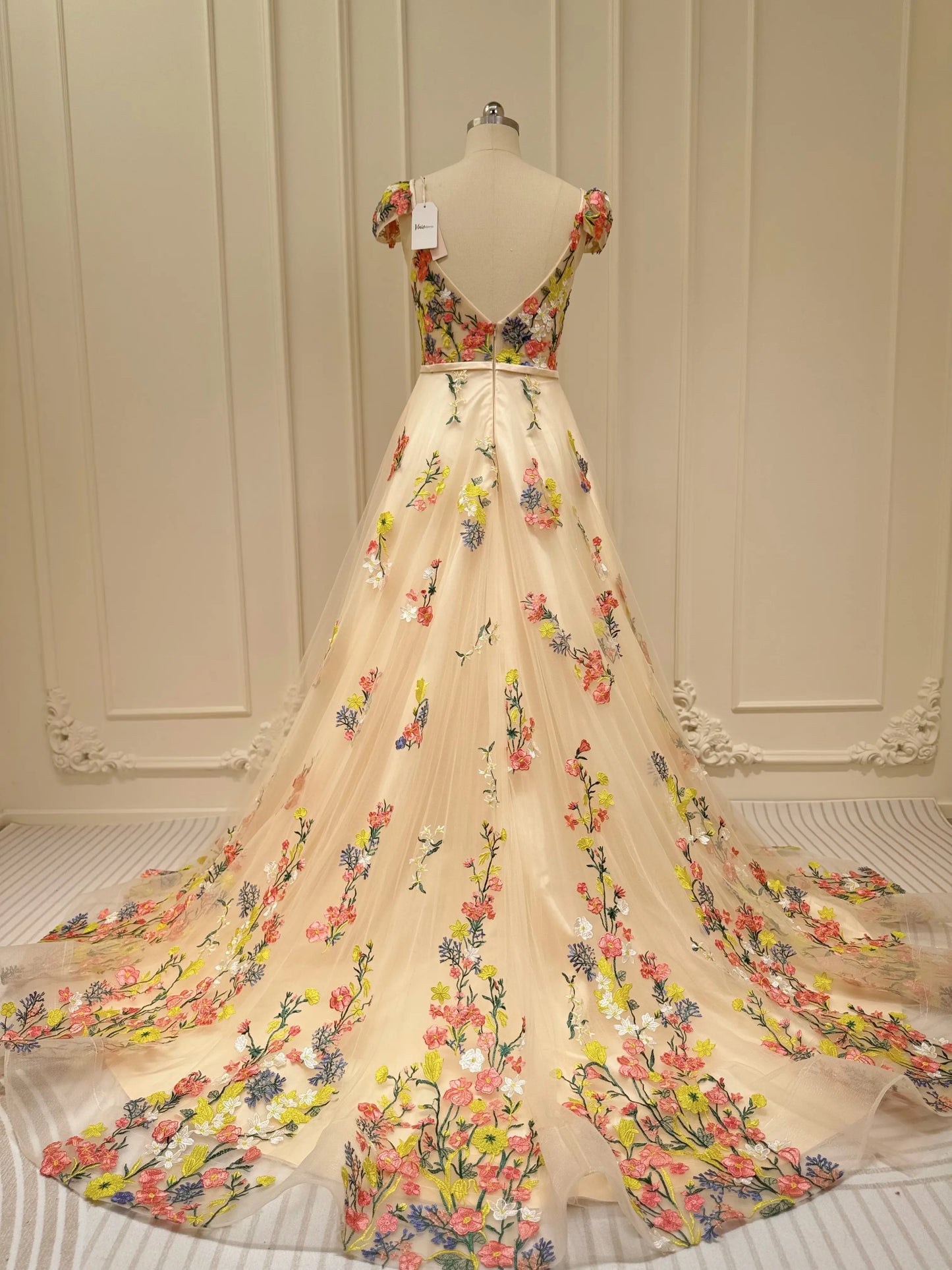 Whimsical Floral Wedding Dress for Older Bride | Yellow & Pink Embroidery Gown with Cap Sleeves FW135-wedding dresses 2025 -Viniodress-Champagne-Custom Size-