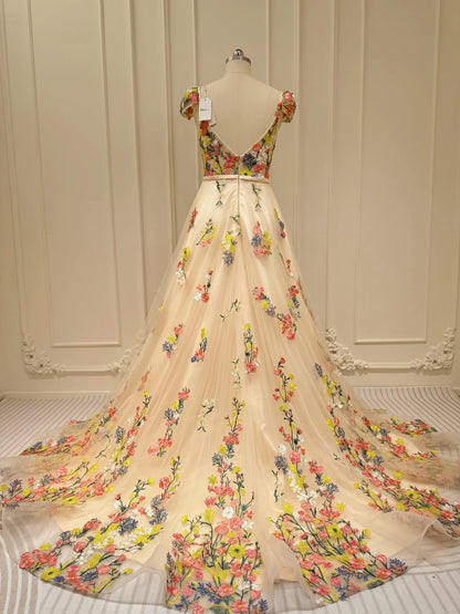 Whimsical Floral Wedding Dress for Older Bride | Yellow & Pink Embroidery Gown with Cap Sleeves FW135-wedding dresses 2025 -Viniodress-Champagne-Custom Size-