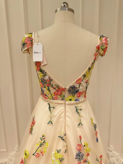 Whimsical Floral Wedding Dress for Older Bride | Yellow & Pink Embroidery Gown with Cap Sleeves FW135-wedding dresses 2025 -Viniodress-Champagne-Custom Size-