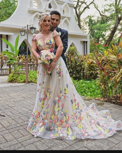 Whimsical Floral Wedding Dress for Older Bride | Yellow & Pink Embroidery Gown with Cap Sleeves FW135-wedding dresses 2025 -Viniodress-Champagne-Custom Size-