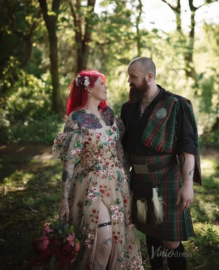 Whimsical Floral Wedding Dress | Red & Green Embroidery Gown with Puff Sleeves & Slit FW146-wedding dresses 2025 -Viniodress-Floral-Custom Size-