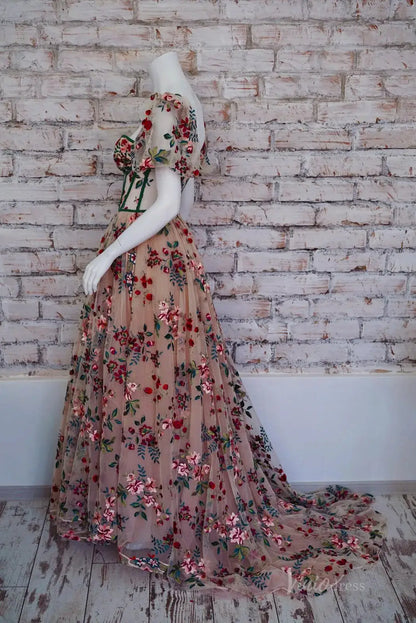 Whimsical Floral Wedding Dress | Red & Green Embroidery Gown with Puff Sleeves & Slit FW146-wedding dresses 2025 -Viniodress-Floral-Custom Size-