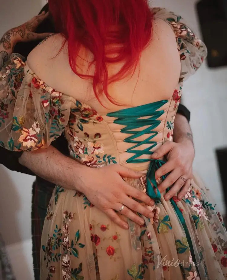 Whimsical Floral Wedding Dress | Red & Green Embroidery Gown with Puff Sleeves & Slit FW146-wedding dresses 2025 -Viniodress-Floral-Custom Size-