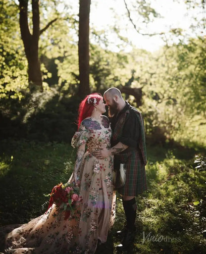 Whimsical Floral Wedding Dress | Red & Green Embroidery Gown with Puff Sleeves & Slit FW146-wedding dresses 2025 -Viniodress-Floral-Custom Size-