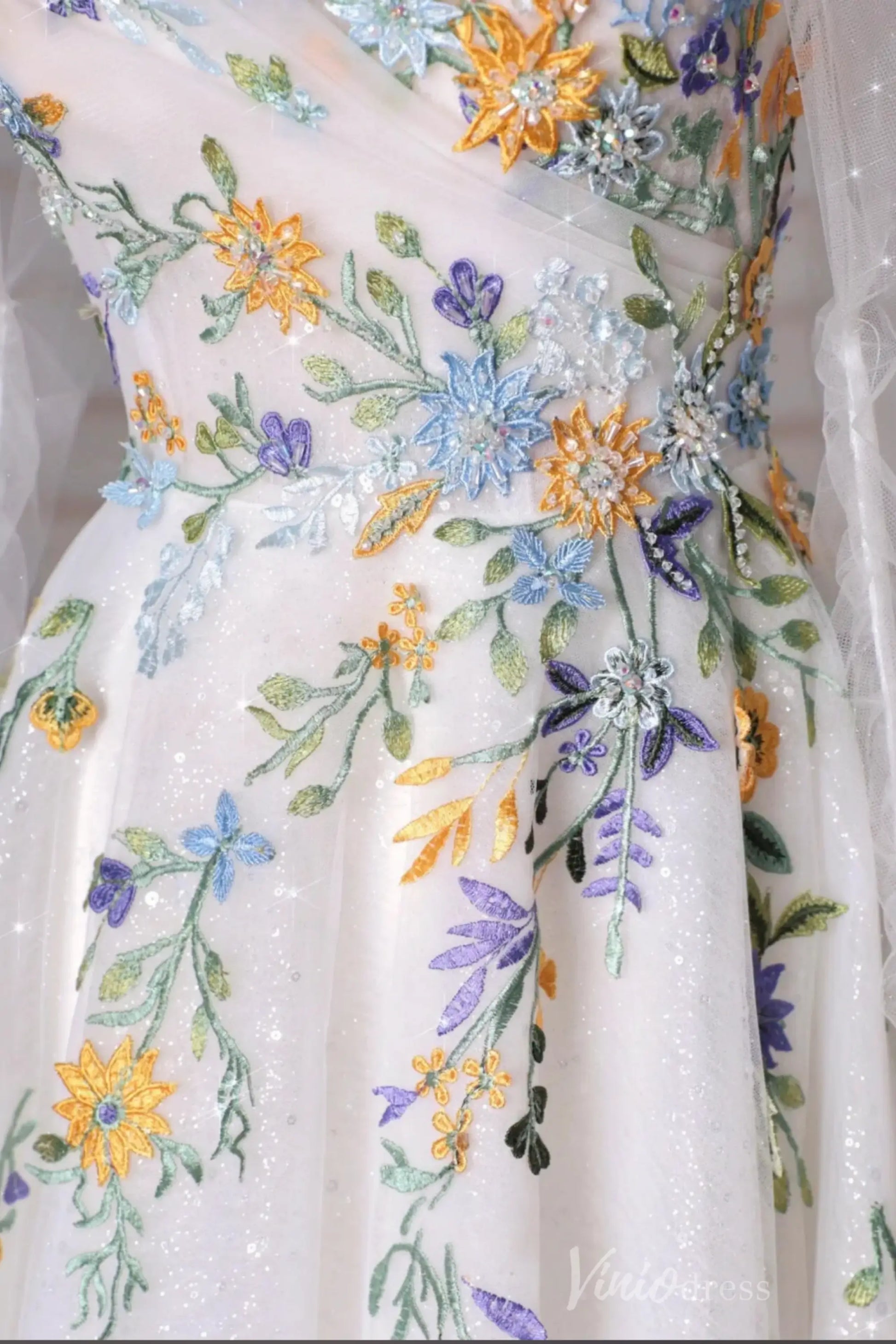 Whimsical Floral Wedding Dresses Strapless Bridal Gown with Removable Sleeves FW125-wedding dresses 2025 -Viniodress-Ivory-Strapless-Custom Size