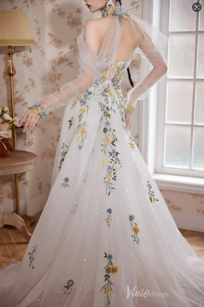 Whimsical Floral Wedding Dresses Strapless Bridal Gown with Removable Sleeves FW125-wedding dresses 2025 -Viniodress-Ivory-Strapless-Custom Size