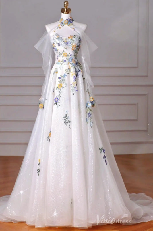 Whimsical Floral Wedding Dresses Strapless Bridal Gown with Removable Sleeves FW125-wedding dresses 2025 -Viniodress-Ivory-Strapless-Custom Size