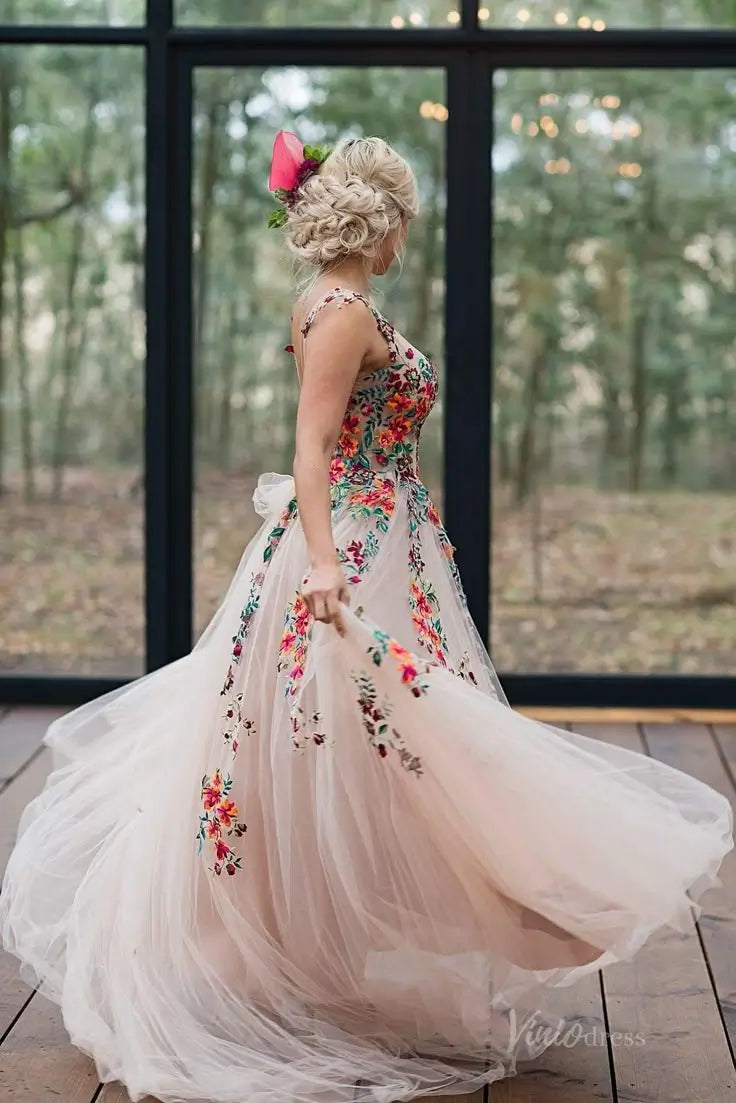 Whimsical Forest Wedding Dress | Colorful Floral Embroidery Photoshoot Dress, Lace-Up Back FW141-wedding dresses 2025 -Viniodress-Champagne-Custom Size-