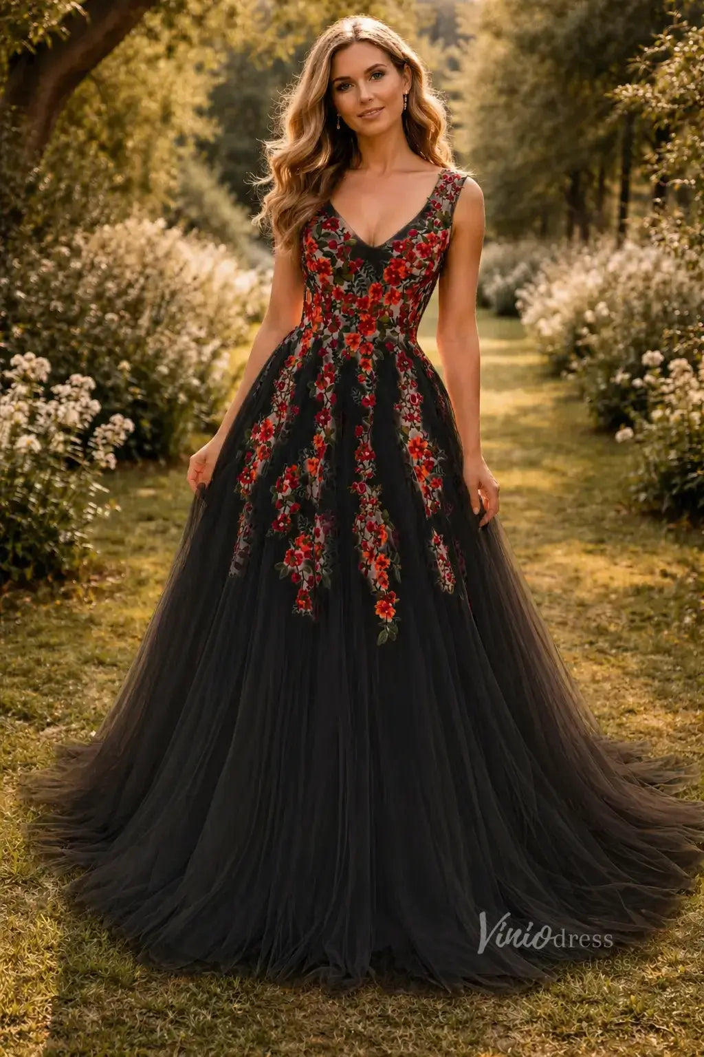 Whimsical Forest Wedding Dress | Colorful Floral Embroidery Photoshoot Dress, Lace-Up Back FW141-wedding dresses 2026-Viniodress-Black-Custom Size – Add Measurements in Cart-