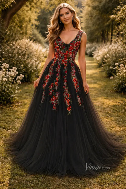 Whimsical Forest Wedding Dress | Colorful Floral Embroidery Photoshoot Dress, Lace-Up Back FW141-wedding dresses 2026-Viniodress-Black-Custom Size – Add Measurements in Cart-
