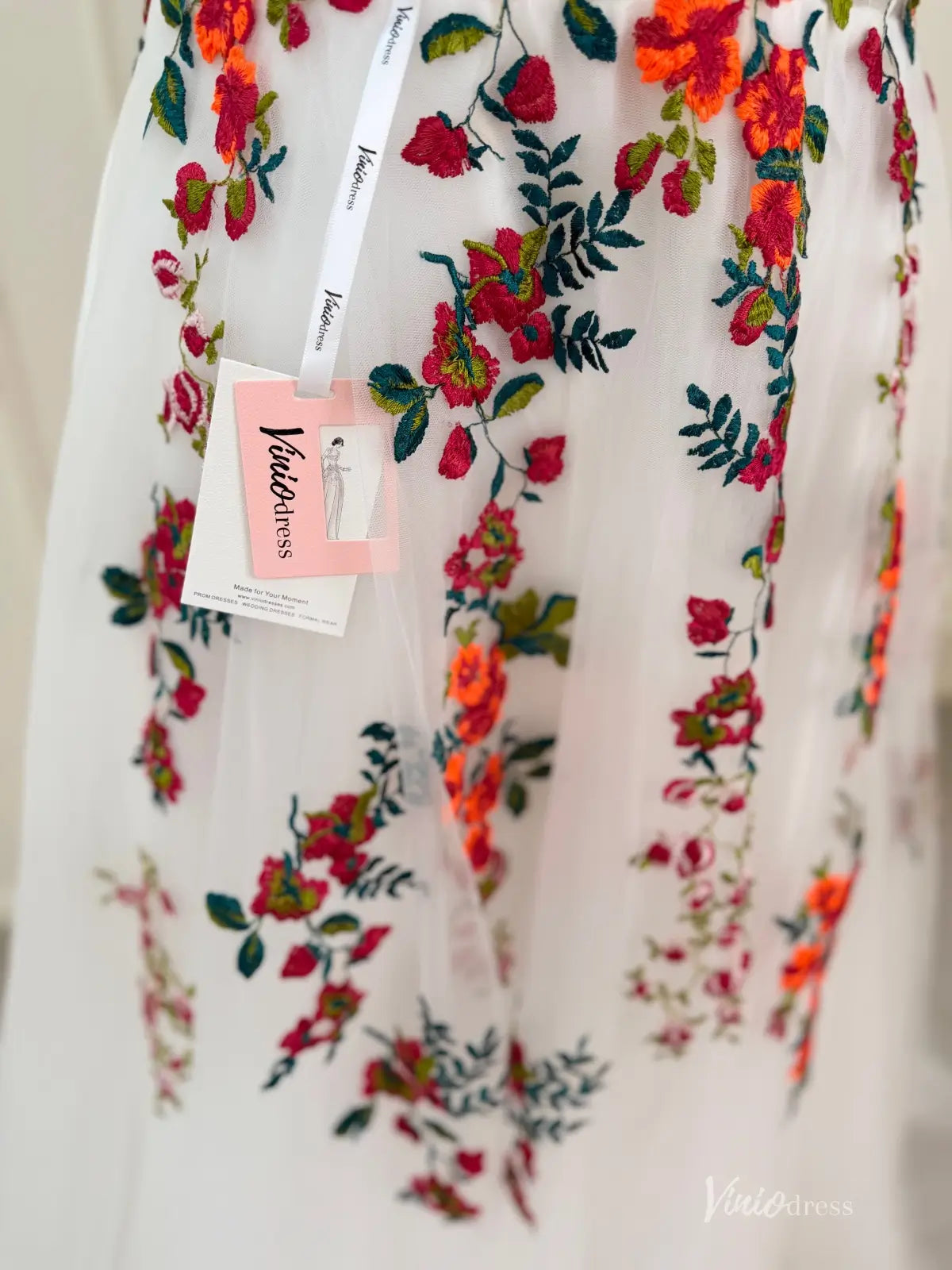 Whimsical Forest Wedding Dress | Colorful Floral Embroidery Photoshoot Dress, Lace-Up Back FW141-wedding dresses 2026-Viniodress-Champagne-Custom Size – Add Measurements in Cart-