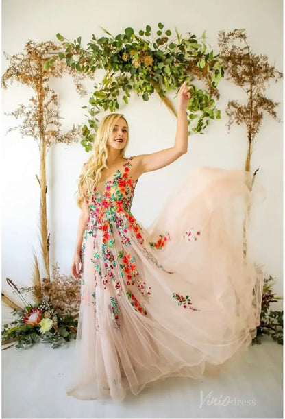 Whimsical Forest Wedding Dress | Colorful Floral Embroidery Photoshoot Dress, Lace-Up Back FW141-wedding dresses 2025 -Viniodress-Champagne-Custom Size-