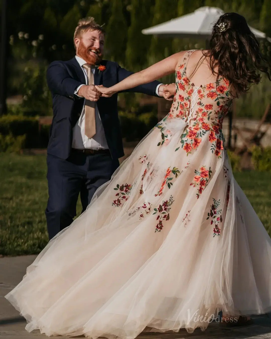 Whimsical Forest Wedding Dress | Colorful Floral Embroidery Photoshoot Dress, Lace-Up Back FW141-wedding dresses 2025 -Viniodress-Champagne-Custom Size-