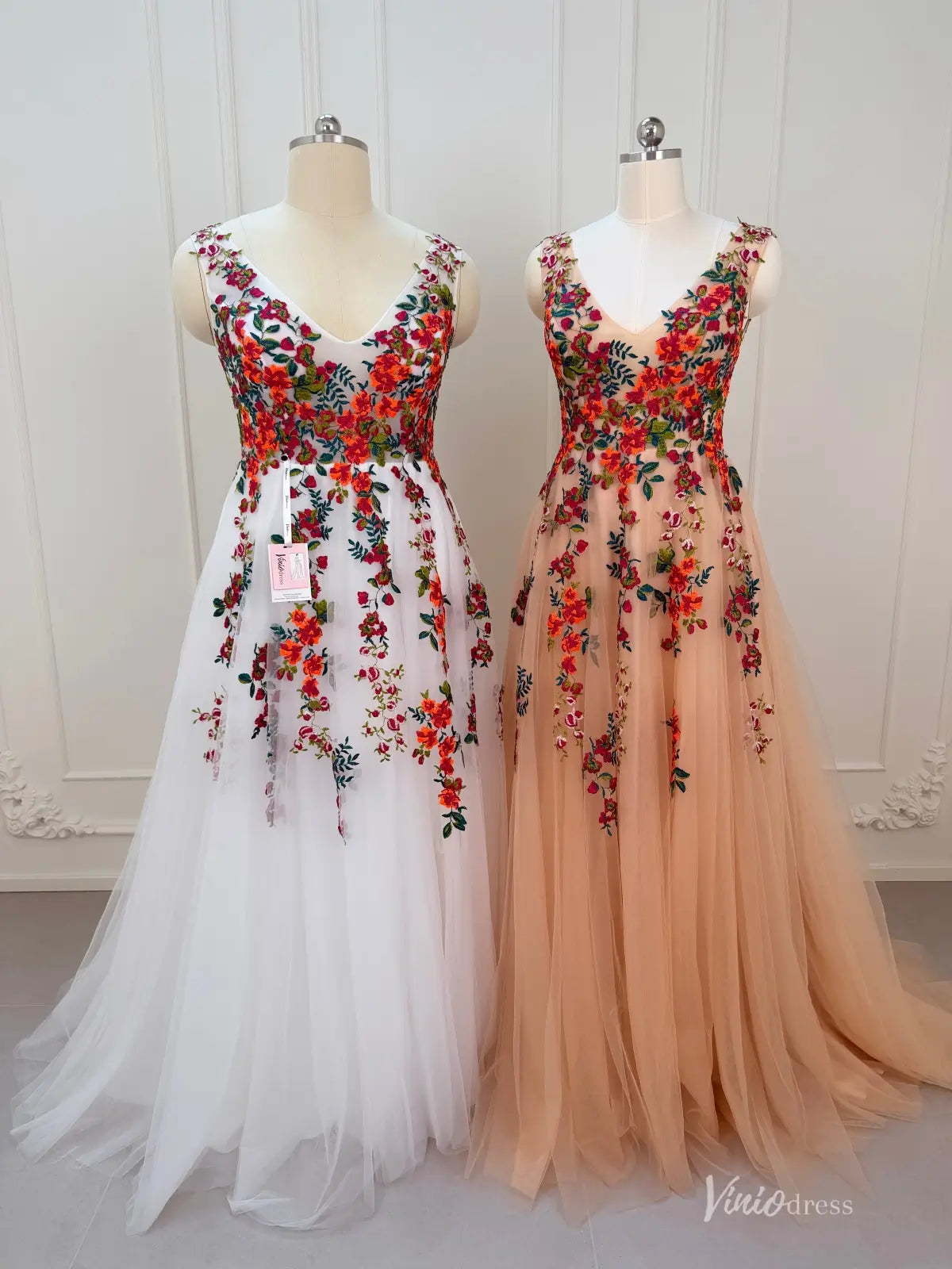 Whimsical Forest Wedding Dress | Colorful Floral Embroidery Photoshoot Dress, Lace-Up Back FW141-wedding dresses 2026-Viniodress-Champagne-Custom Size – Add Measurements in Cart-