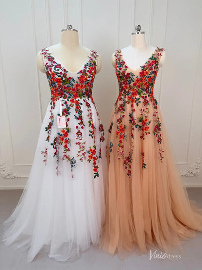 Whimsical Forest Wedding Dress | Colorful Floral Embroidery Photoshoot Dress, Lace-Up Back FW141-wedding dresses 2026-Viniodress-Champagne-Custom Size – Add Measurements in Cart-