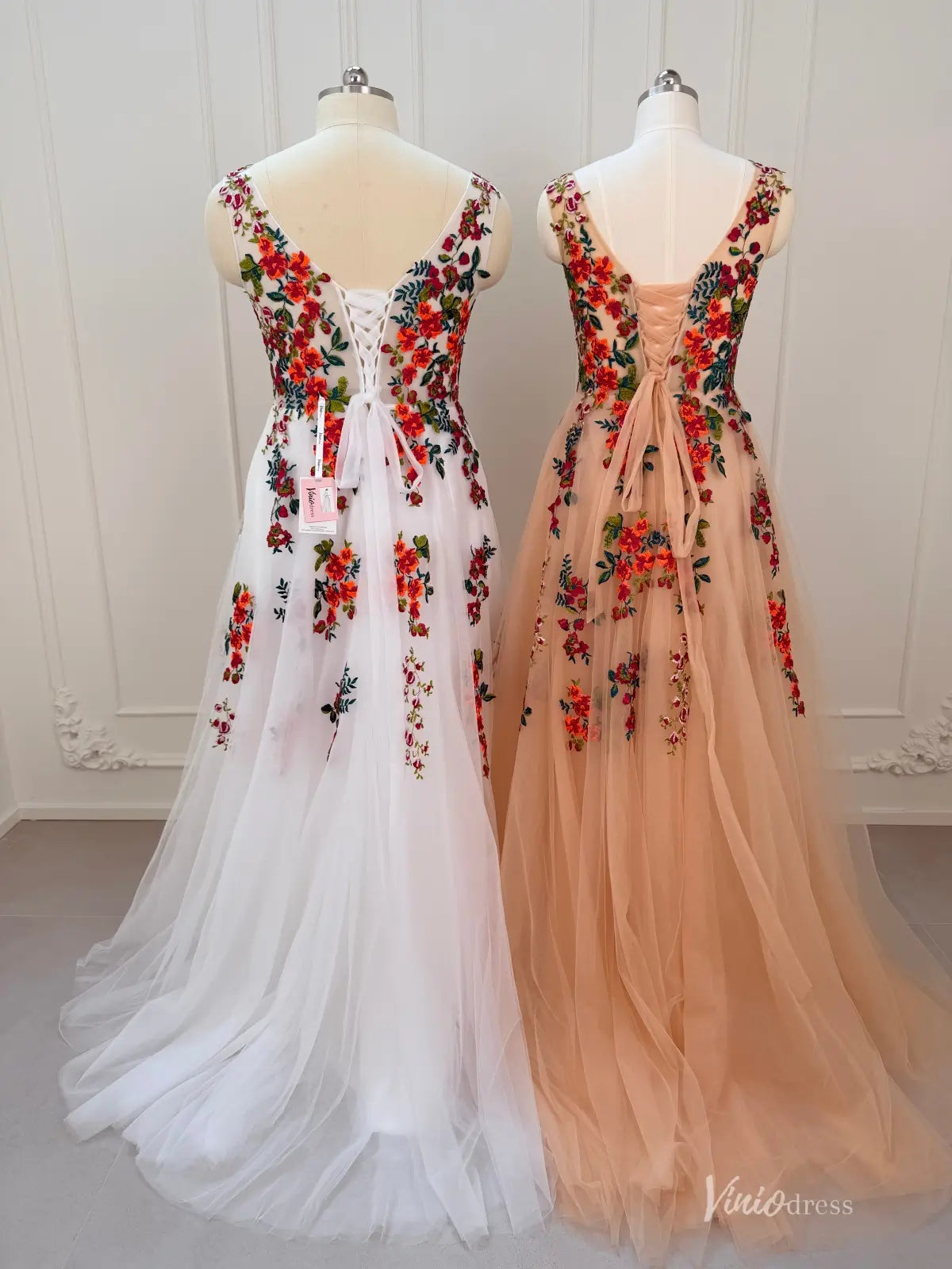 Whimsical Forest Wedding Dress | Colorful Floral Embroidery Photoshoot Dress, Lace-Up Back FW141-wedding dresses 2026-Viniodress-Champagne-Custom Size – Add Measurements in Cart-