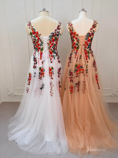 Whimsical Forest Wedding Dress | Colorful Floral Embroidery Photoshoot Dress, Lace-Up Back FW141-wedding dresses 2026-Viniodress-Champagne-Custom Size – Add Measurements in Cart-