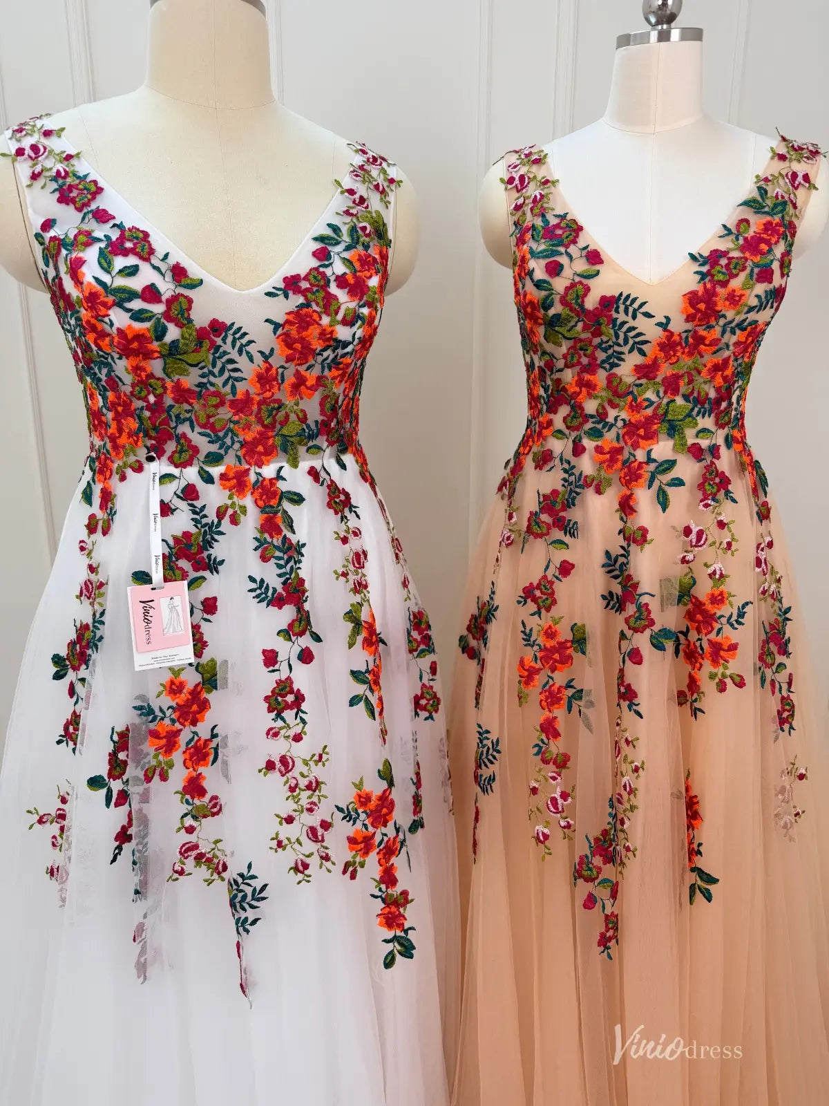 Whimsical Forest Wedding Dress | Colorful Floral Embroidery Photoshoot Dress, Lace-Up Back FW141-wedding dresses 2026-Viniodress-Champagne-Custom Size – Add Measurements in Cart-