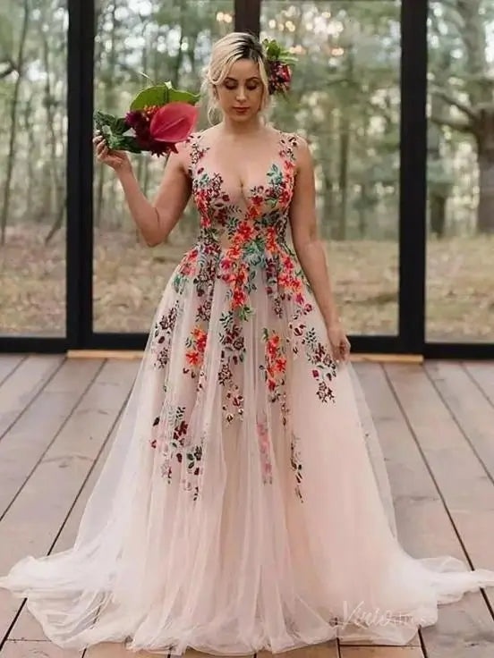 Whimsical Forest Wedding Dress | Colorful Floral Embroidery Photoshoot Dress, Lace-Up Back FW141-wedding dresses 2025 -Viniodress-Champagne-Custom Size-