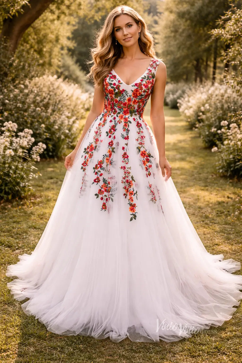 Whimsical Forest Wedding Dress | Colorful Floral Embroidery Photoshoot Dress, Lace-Up Back FW141-wedding dresses 2026-Viniodress-Ivory-Custom Size – Add Measurements in Cart-