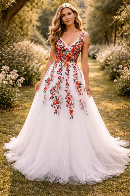 Whimsical Forest Wedding Dress | Colorful Floral Embroidery Photoshoot Dress, Lace-Up Back FW141-wedding dresses 2026-Viniodress-Ivory-Custom Size – Add Measurements in Cart-