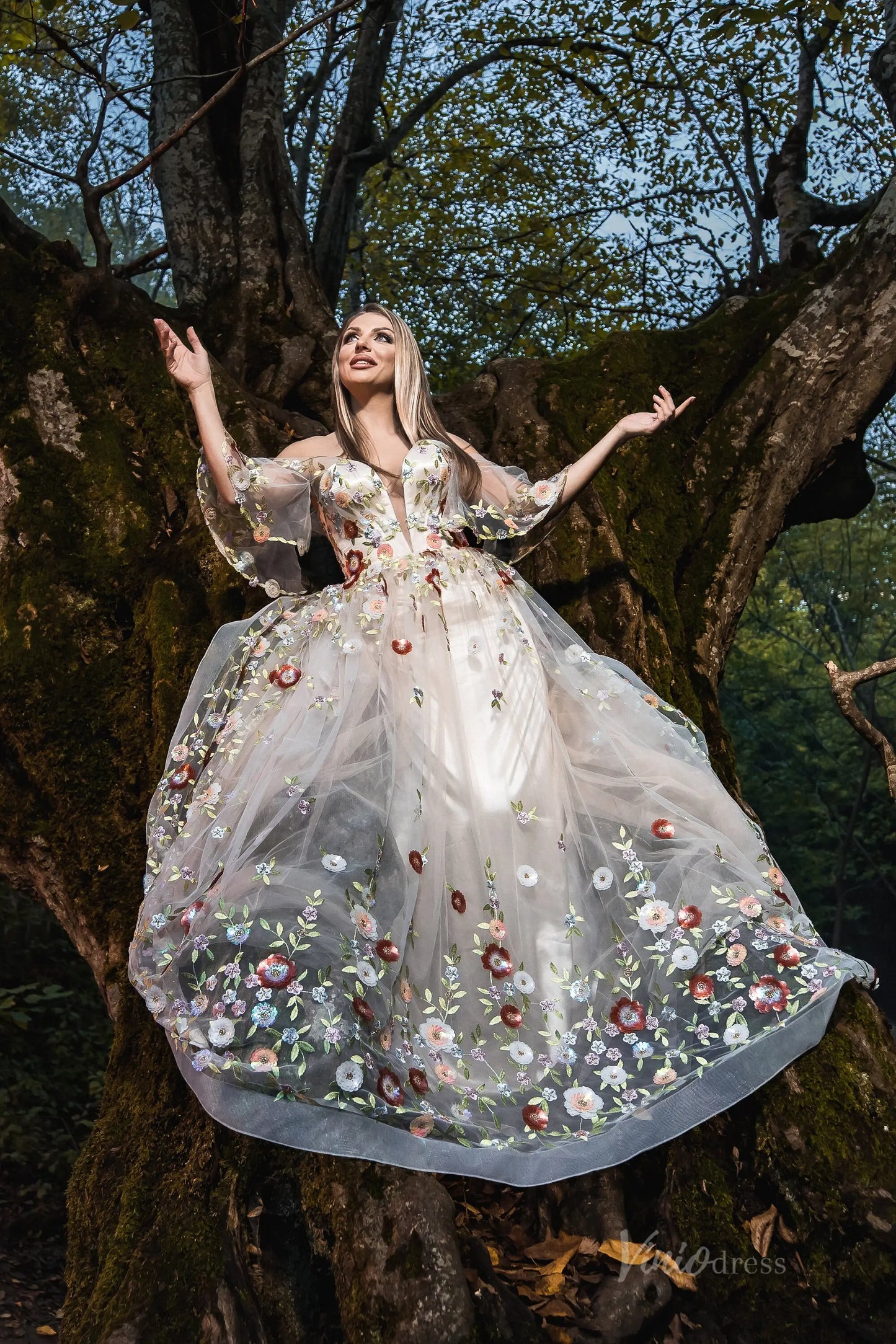 Whimsical Forest Wedding Dress Floral Beaded Embroidery Photography Dresses FW105-wedding dresses 2025 -Viniodress-Champagne-Custom Size-