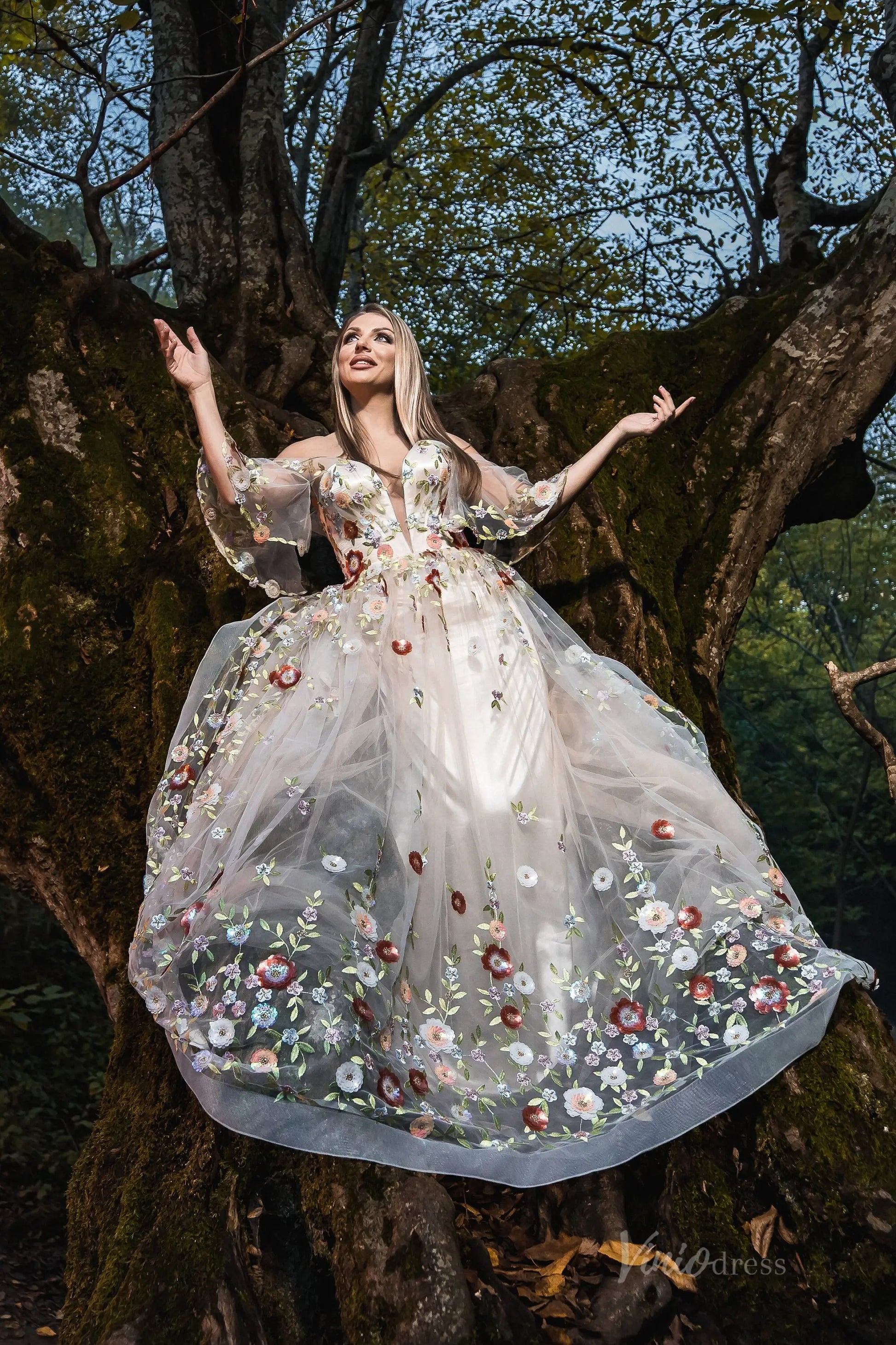 Whimsical Forest Wedding Dress Floral Beaded Embroidery Photography Dresses FW105-wedding dresses 2025 -Viniodress-Champagne-Custom Size-