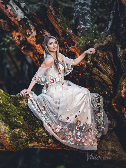 Whimsical Forest Wedding Dress Floral Beaded Embroidery Photography Dresses FW105-wedding dresses 2025 -Viniodress-Champagne-Custom Size-