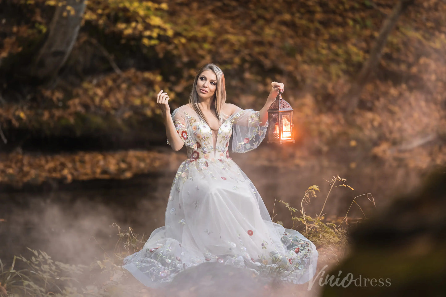 Whimsical Forest Wedding Dress Floral Beaded Embroidery Photography Dresses FW105-wedding dresses 2025 -Viniodress-Champagne-Custom Size-