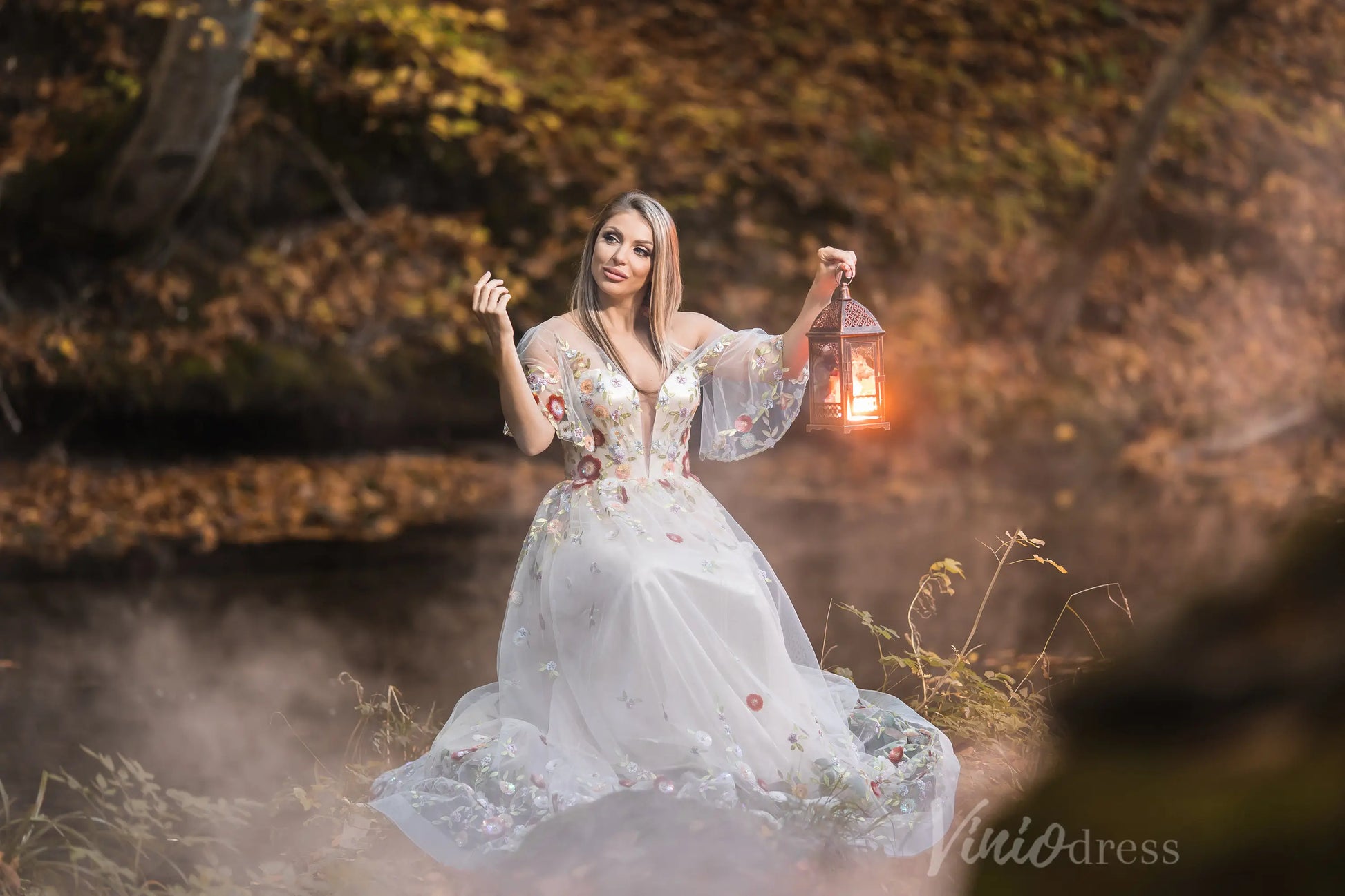 Whimsical Forest Wedding Dress Floral Beaded Embroidery Photography Dresses FW105-wedding dresses 2025 -Viniodress-Champagne-Custom Size-