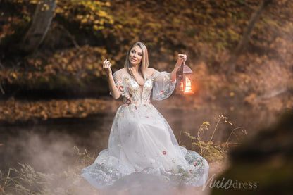 Whimsical Forest Wedding Dress Floral Beaded Embroidery Photography Dresses FW105-wedding dresses 2025 -Viniodress-Champagne-Custom Size-