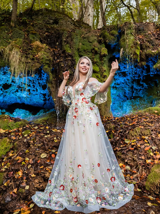 Whimsical Forest Wedding Dress Floral Beaded Embroidery Photography Dresses FW105-wedding dresses 2025 -Viniodress-Champagne-Custom Size-