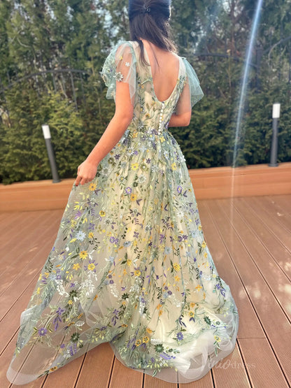 Whimsical Forest Wedding Dress | Green Floral Embroidery Photography Dress FW102-wedding dresses 2025 -Viniodress-Meadow Green-Custom Size-