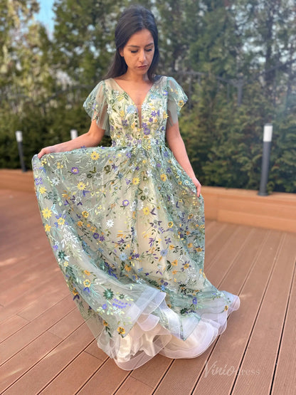 Whimsical Forest Wedding Dress | Green Floral Embroidery Photography Dress FW102-wedding dresses 2025 -Viniodress-Meadow Green-Custom Size-