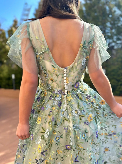 Whimsical Forest Wedding Dress | Green Floral Embroidery Photography Dress FW102-wedding dresses 2025 -Viniodress-Meadow Green-Custom Size-