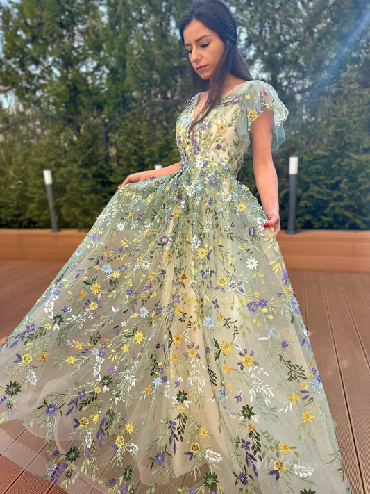 Whimsical Forest Wedding Dress | Green Floral Embroidery Photography Dress FW102-wedding dresses 2025 -Viniodress-Meadow Green-Custom Size-