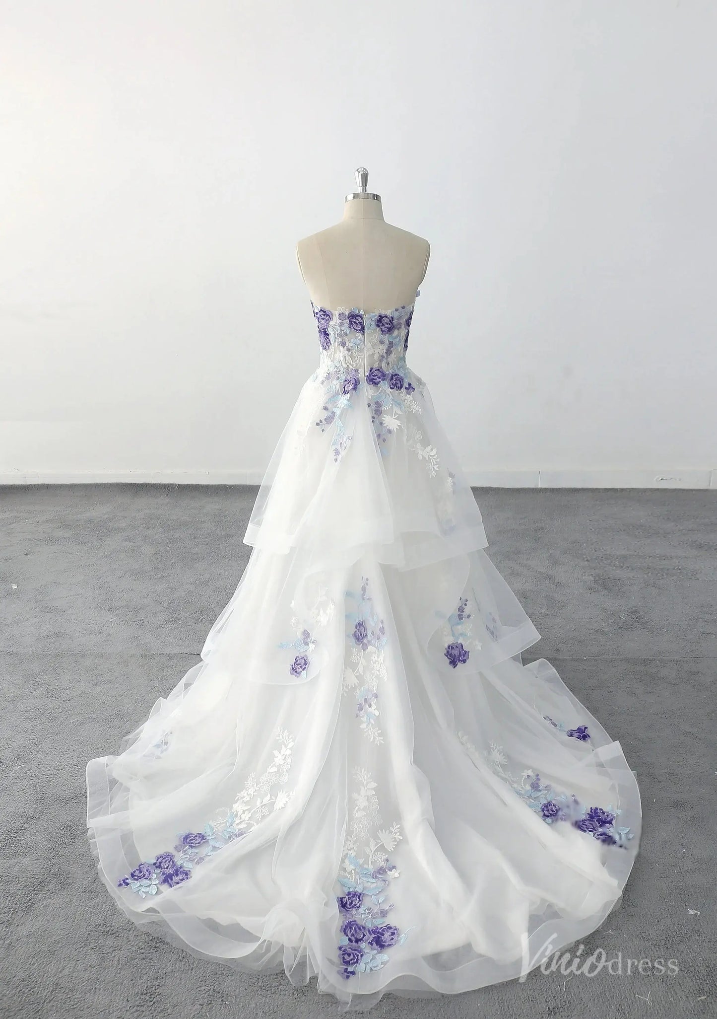 Whimsical Ivory Floral Wedding Dress with Layered Tulle Skirt, Strapless Sweetheart Bodice & Purple Embroidery – FW234-wedding dresses 2025 -Viniodress-Ivory-Custom Size-