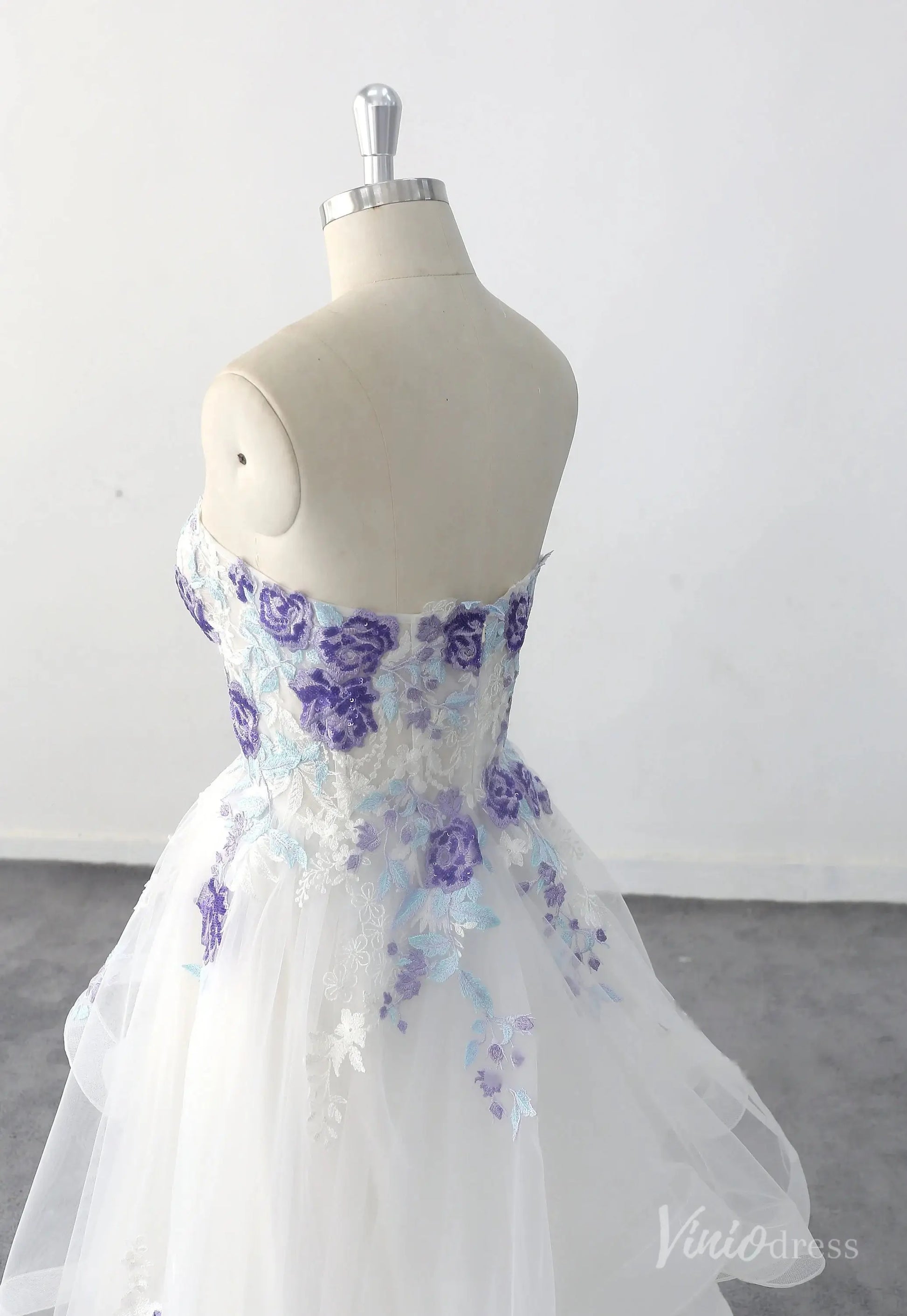 Whimsical Ivory Floral Wedding Dress with Layered Tulle Skirt, Strapless Sweetheart Bodice & Purple Embroidery – FW234-wedding dresses 2025 -Viniodress-Ivory-Custom Size-