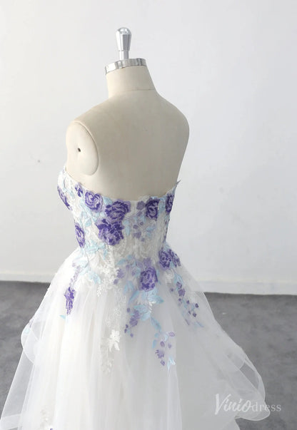 Whimsical Ivory Floral Wedding Dress with Layered Tulle Skirt, Strapless Sweetheart Bodice & Purple Embroidery – FW234-wedding dresses 2025 -Viniodress-Ivory-Custom Size-
