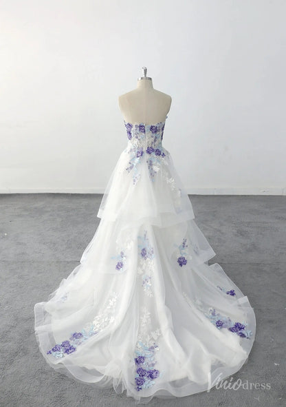 Whimsical Ivory Floral Wedding Dress with Layered Tulle Skirt, Strapless Sweetheart Bodice & Purple Embroidery – FW234-wedding dresses 2025 -Viniodress-Ivory-Custom Size-